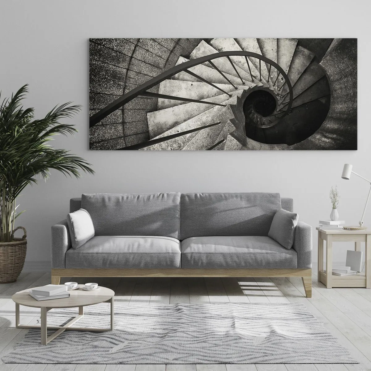 Quadro su vetro - Scala a chiocciola bianca e nera in stile moderno - 140x50cm - Salire e scendere - Decorazione murale moderna per soggiorno e camera da letto ARTTOR