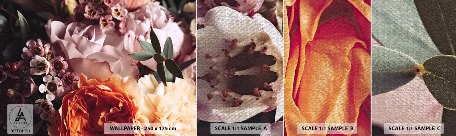 Campione di Fotomurale Premium Canvas - Avvolti dalla bellezza - Fiori, Mazzo di fiori, Rosa - 100x30 cm