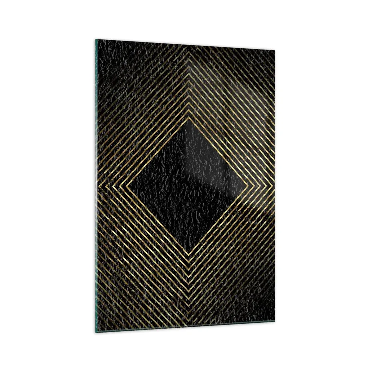 Quadro su vetro - Sfondo nero con motivo geometrico di linee dorate - 70x100cm - Geometria in stile glamour - Decorazione murale moderna per soggiorno e camera da letto ARTTOR