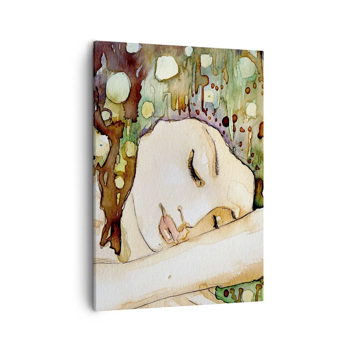 Quadro su tela - Stampe su Tela - Una donna che sogna circondata da forme e colori astratti. - 50x70cm - Sogno smeraldo e viola - Decorazione murale moderna per soggiorno e camera da letto ARTTOR