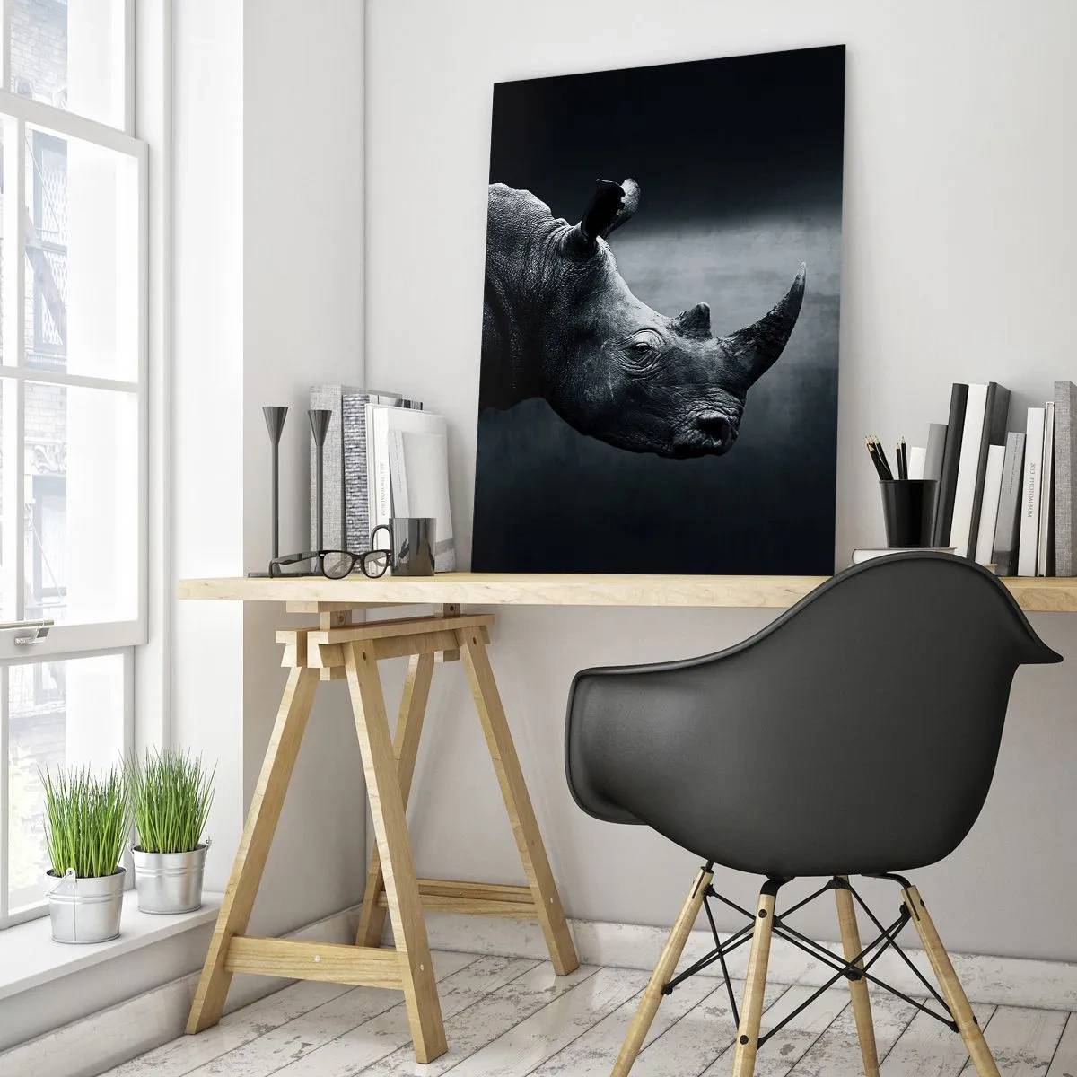 Quadro su vetro - Ripresa in bianco e nero di un rinoceronte - 50x70cm - Profilo destro - Decorazione murale moderna per soggiorno e camera da letto ARTTOR