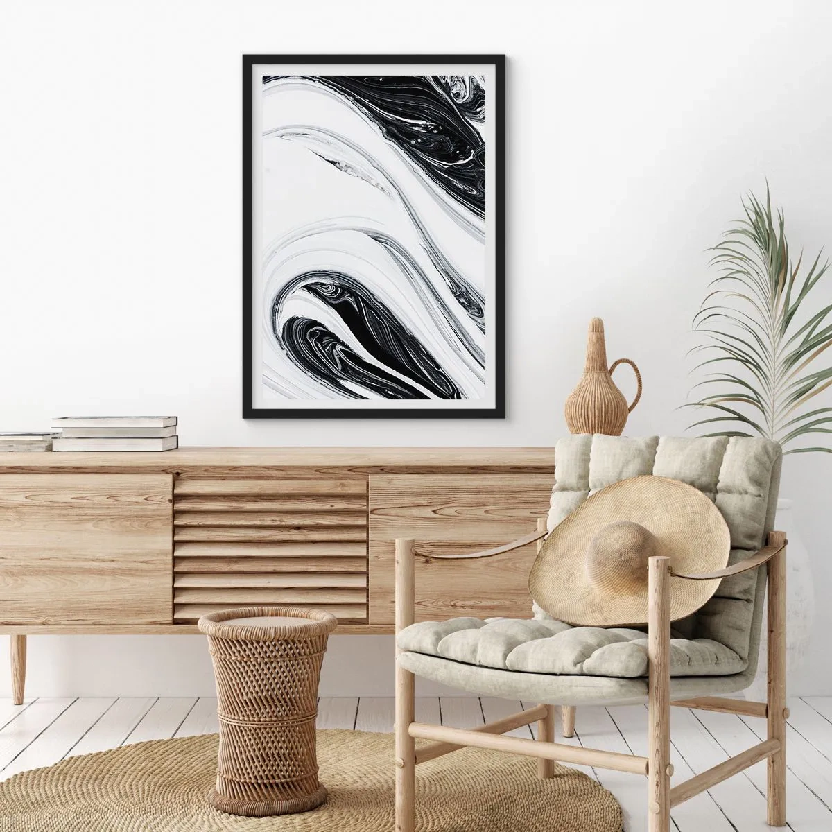 Poster in cornice nera - Motivo astratto in bianco e nero con linee fluide - 50x70cm - L'unione degli opposti - Decorazione murale moderna per soggiorno e camera da letto ARTTOR