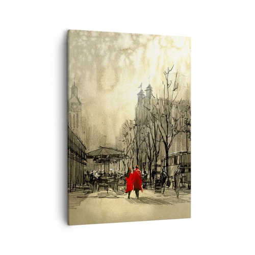 Quadro su tela - Stampe su Tela - Una figura rossa in un nostalgico contesto urbano - 50x70cm - Appuntamento nella nebbia di Londra - Decorazione murale moderna per soggiorno e camera da letto ARTTOR