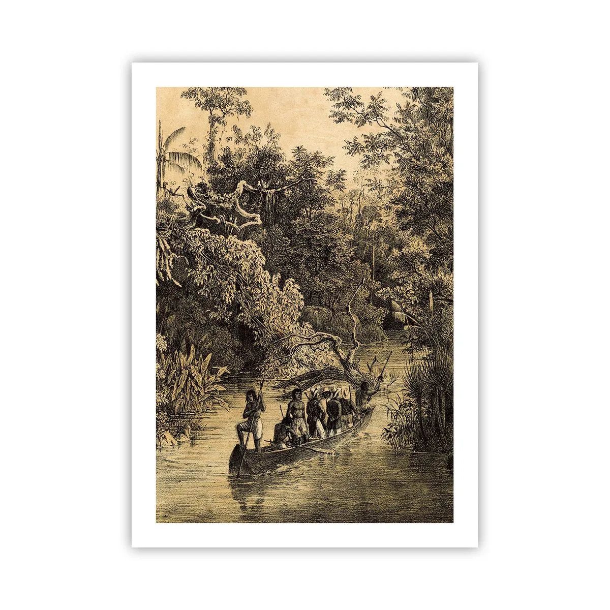Poster - Un'incisione di una foresta tropicale e di una barca su un fiume - 50x70cm - Viaggio alla fonte - Decorazione murale moderna per soggiorno e camera da letto ARTTOR