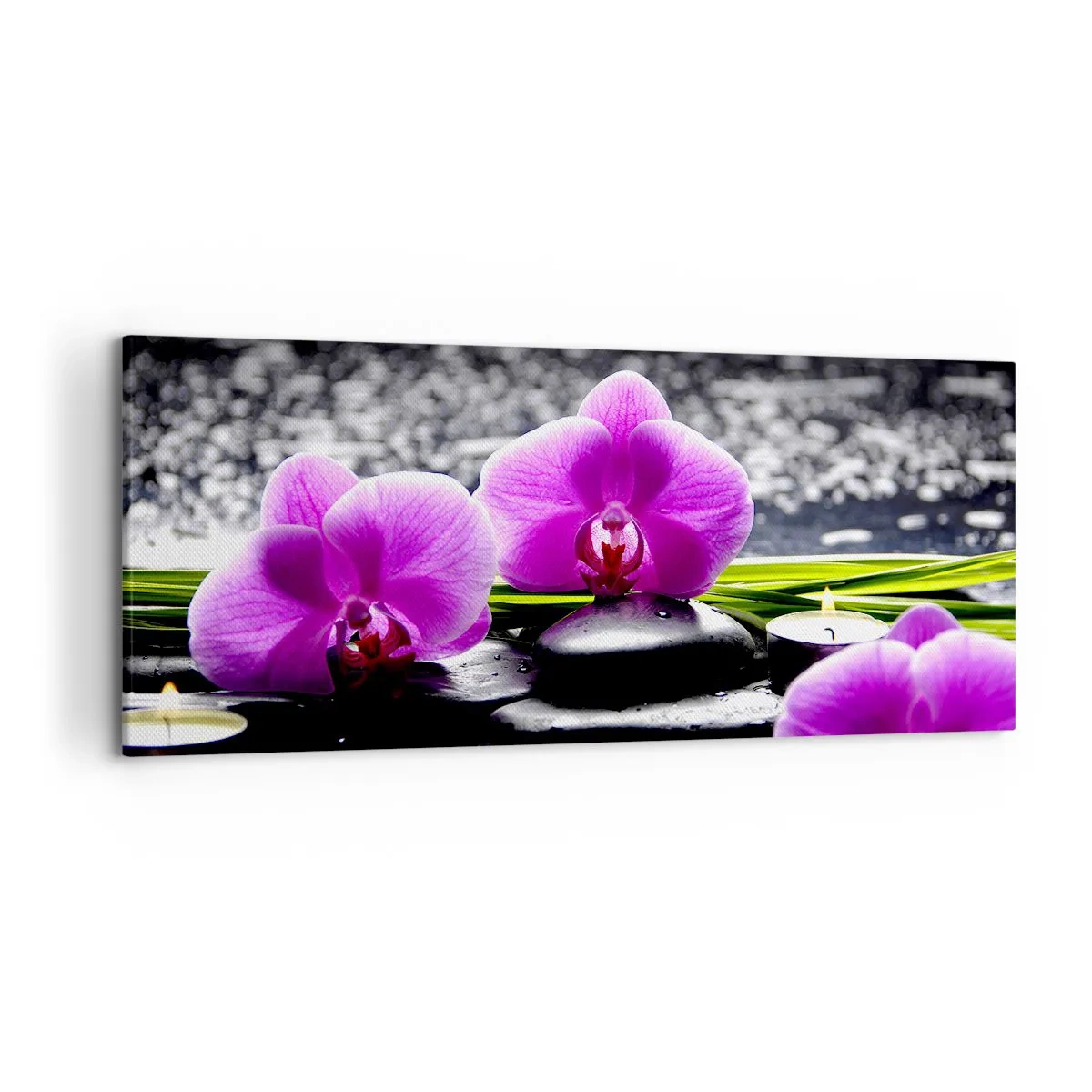Quadro su tela - Stampe su Tela - Orchidee viola su uno sfondo di pietre e candele in un ambiente rilassante - 120x50cm - Annegare nel silenzio e nella pace - Decorazione murale moderna per soggiorno e camera da letto ARTTOR
