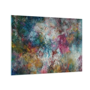 Quadro su vetro - Una composizione astratta di fiori colorati dai colori intensi. - 70x50cm - In piena fioritura - Decorazione murale moderna per soggiorno e camera da letto ARTTOR