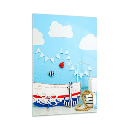 Quadro su vetro - Scena marina decorativa con barca e oggetti di scena nautici - 50x70cm - La nostalgia delle avventure dei bambini - Decorazione murale moderna per soggiorno e camera da letto ARTTOR