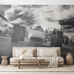 Fotomurali Premium Sand - Auto da corsa retrò in pista in una prospettiva dinamica - 100x70cm - C'è la forza! - Decorazione murale moderna per soggiorno e camera da letto ARTTOR
