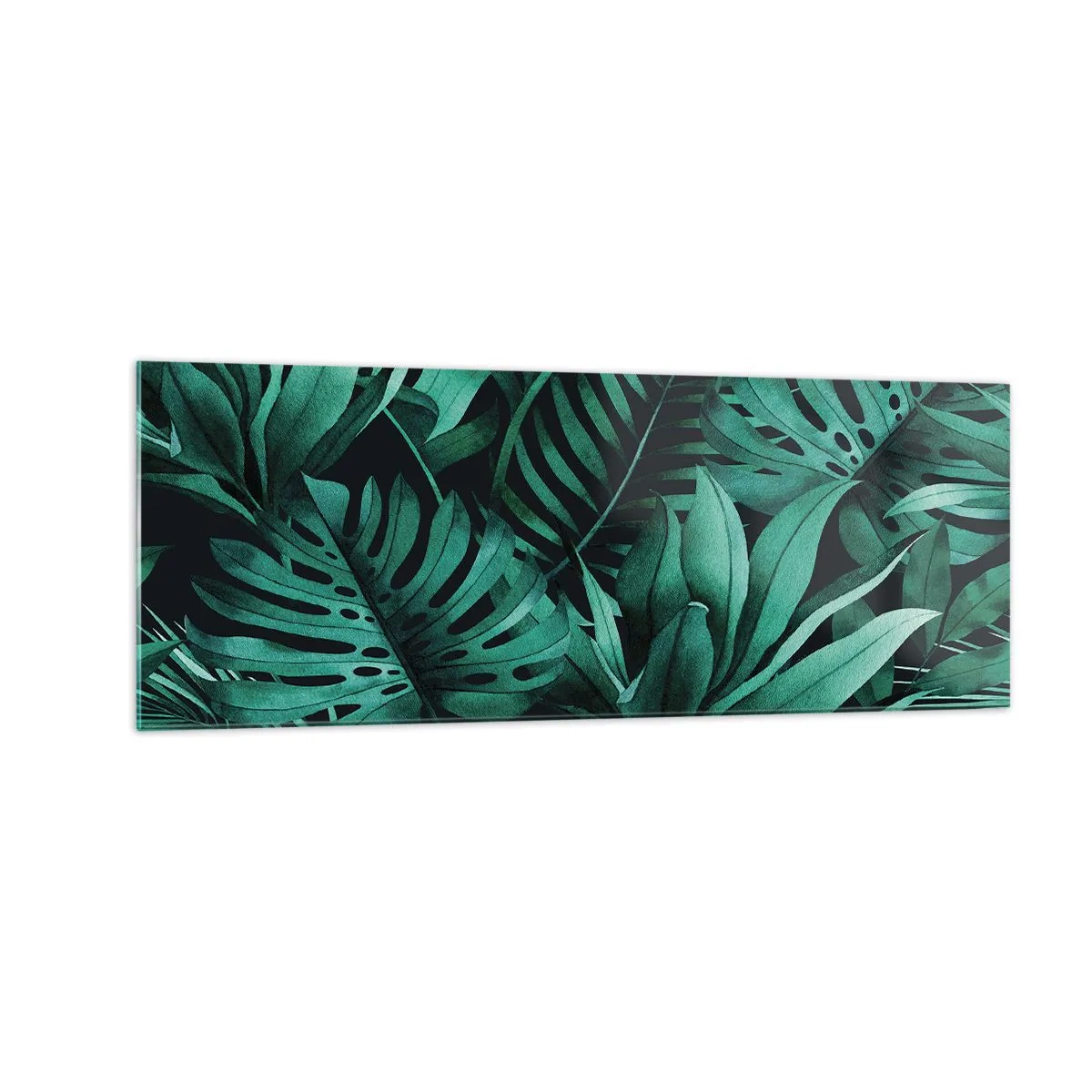 Quadro su vetro - Foglie tropicali in tonalità di verde intenso - 140x50cm - Dal profondo del verde tropicale - Decorazione murale moderna per soggiorno e camera da letto ARTTOR
