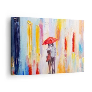 Quadro su tela - Stampe su Tela - Una coppia sotto un ombrello rosso con edifici colorati sullo sfondo. - 70x50cm - Che piova ancora - Decorazione murale moderna per soggiorno e camera da letto ARTTOR