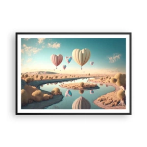 Poster in cornice nera - Palloncini a forma di cuore che fluttuano sopra il paesaggio - 100x70cm - L'amore permette di volare - Decorazione murale moderna per soggiorno e camera da letto ARTTOR