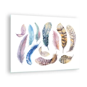 Quadro su vetro - Piume colorate in stile artistico su sfondo bianco - 70x50cm - Leggere, variopinte e multicolori - Decorazione murale moderna per soggiorno e camera da letto ARTTOR