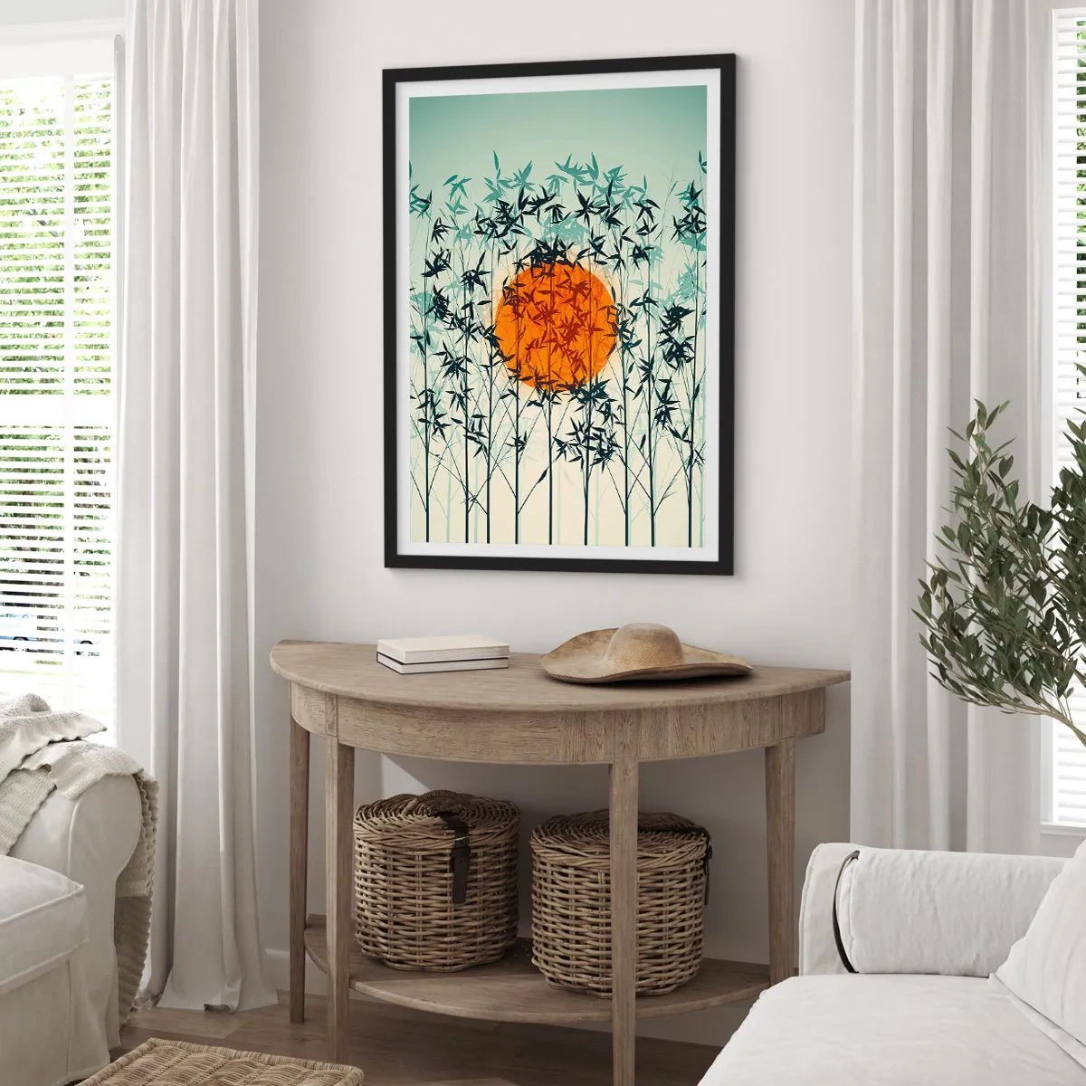 Poster in cornice nera - Il sole dietro i rami di bambù - 50x70cm - Sole giapponese - Decorazione murale moderna per soggiorno e camera da letto ARTTOR