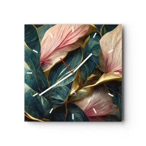 Orologio da parete - Orologio in Vetro - Eleganti foglie in verde, oro e rosa - 30x30cm - Stile ed eleganza naturali - Decorazione murale moderna per soggiorno e camera da letto ARTTOR