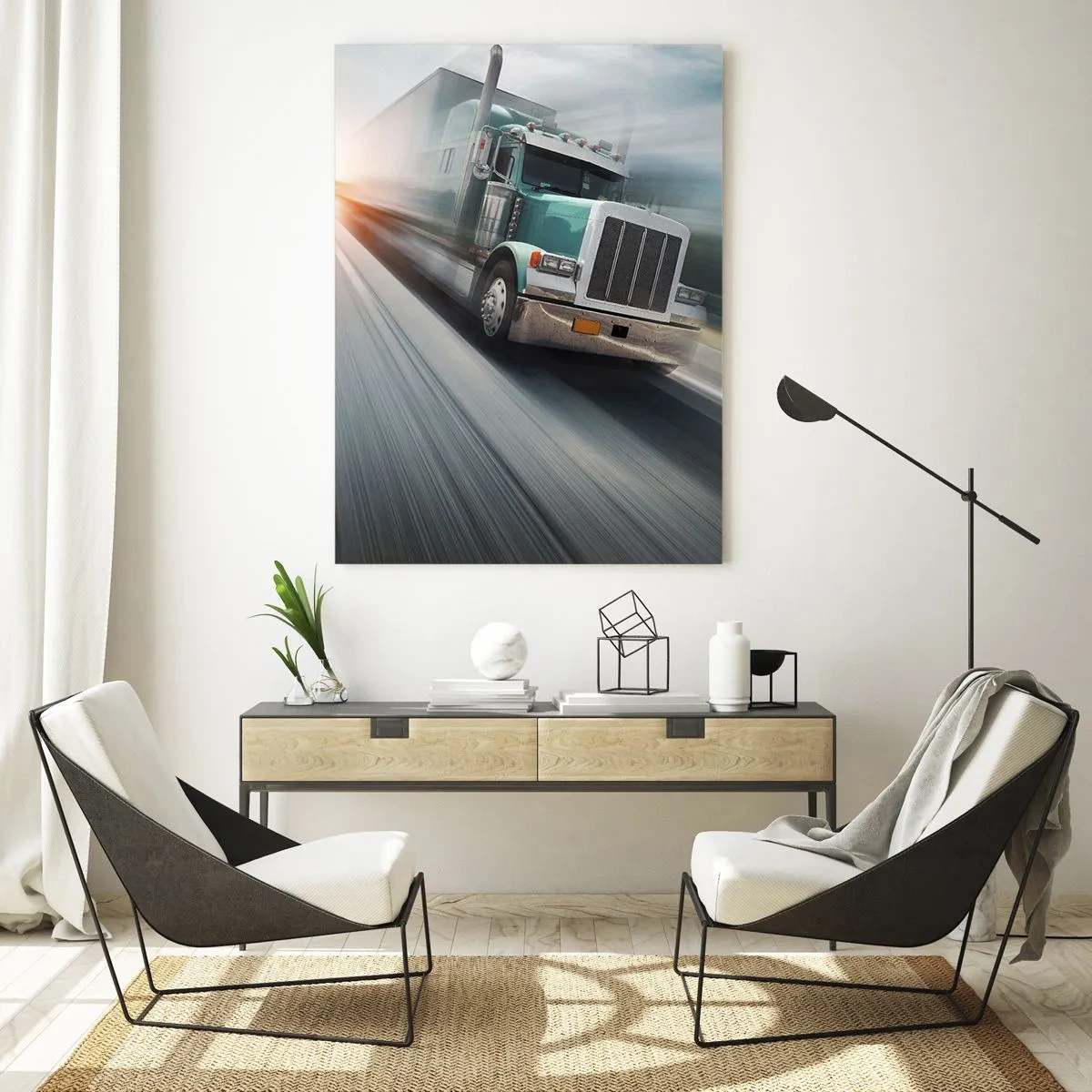 Quadro su vetro - Un camion in autostrada in movimento al tramonto - 80x120cm - Gigante americano in corsa - Decorazione murale moderna per soggiorno e camera da letto ARTTOR