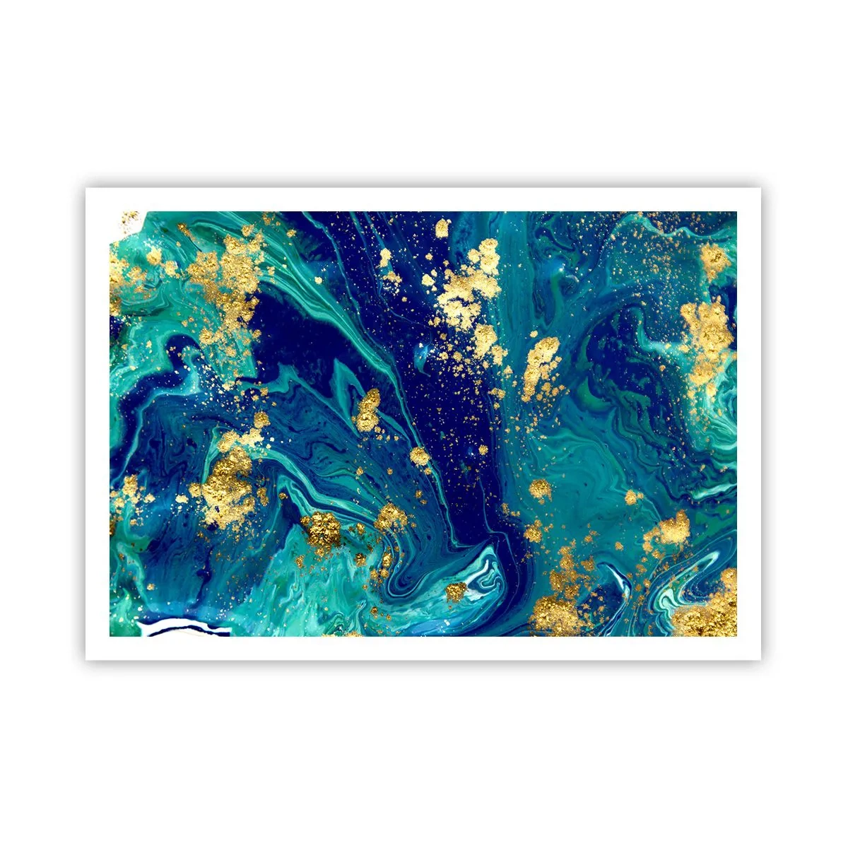 Poster - Una composizione astratta con accenti blu, verdi e dorati. - 100x70cm - Petali di sole - Decorazione murale moderna per soggiorno e camera da letto ARTTOR