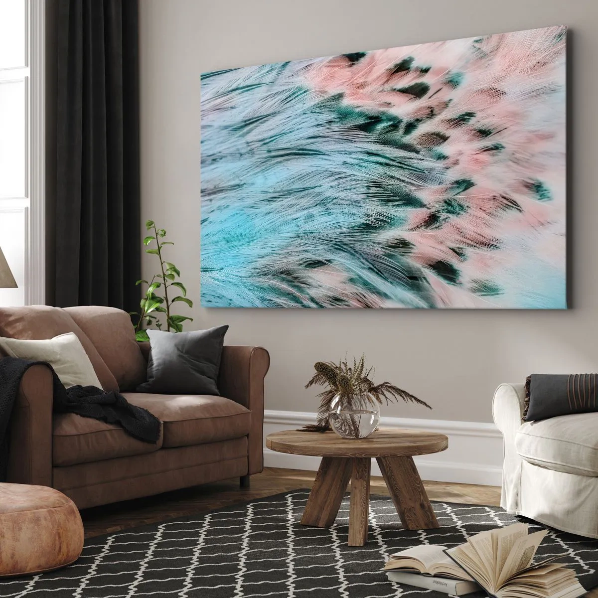 Quadro su tela - Stampe su Tela - Primo piano di piume nei colori pastello rosa zaffiro - 70x50cm - Piumino rosa zaffiro - Decorazione murale moderna per soggiorno e camera da letto ARTTOR
