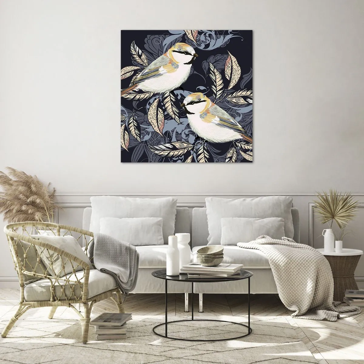 Quadro su vetro - Cinguettio oro e blu - 30x30 cm