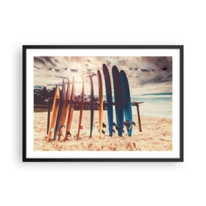 Poster in cornice nera - Tavole da surf sulla spiaggia al tramonto - 70x50cm - Buonanotte, a domani - Decorazione murale moderna per soggiorno e camera da letto ARTTOR