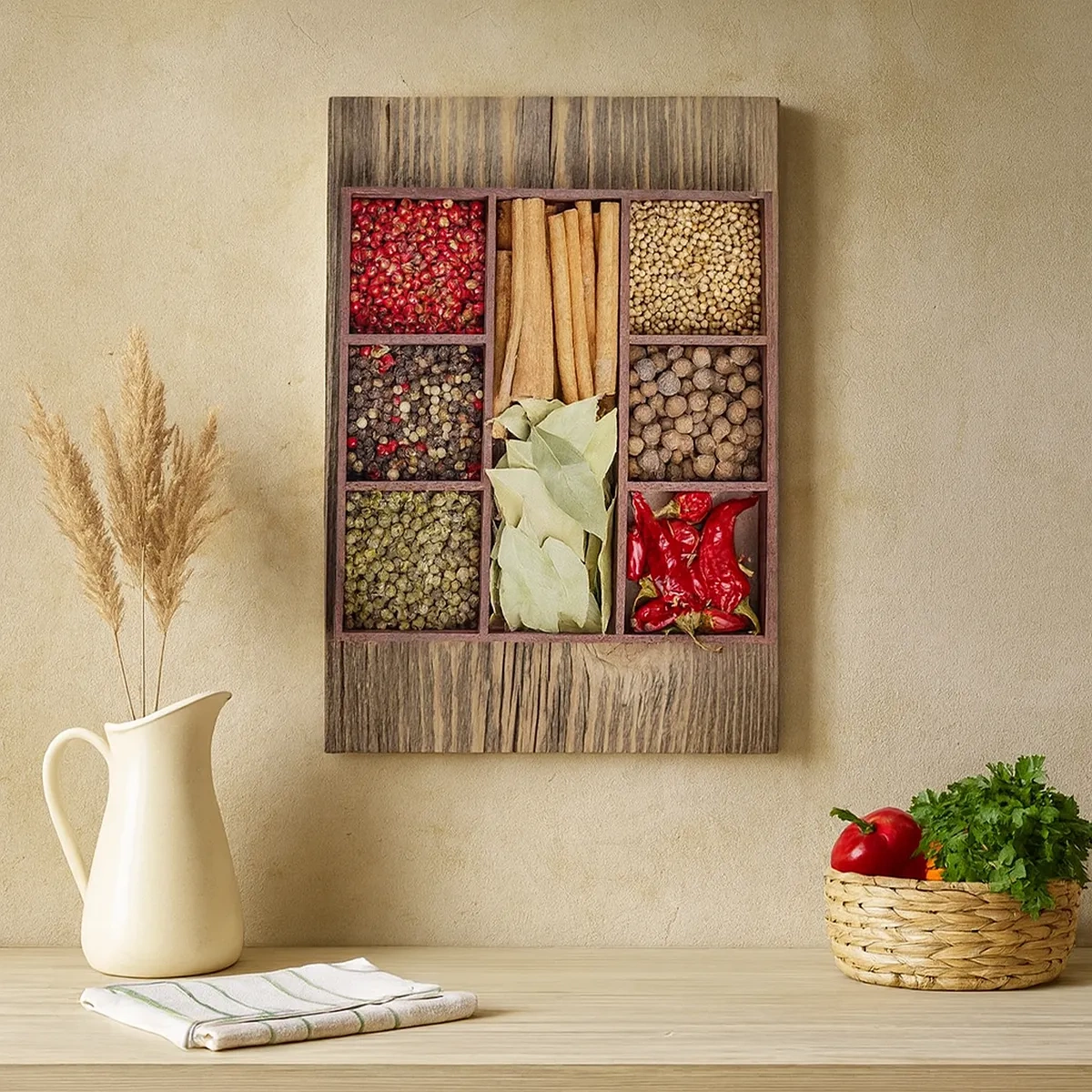 Quadro su tela - Stampe su Tela - Scatola di legno con varie spezie in scomparti - 50x70cm - Ordine delle forme, bouquet degli aromi - Decorazione murale moderna per soggiorno e camera da letto ARTTOR