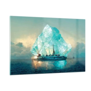 Quadro su vetro - Una nave a vela di fronte a un enorme ghiacciaio nella luce artica. - 120x80cm - Brillante artico - Decorazione murale moderna per soggiorno e camera da letto ARTTOR