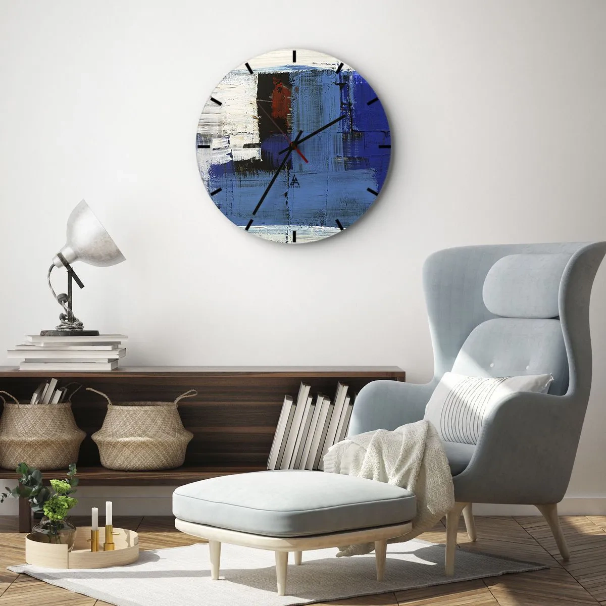 Orologio da parete - Orologio in Vetro - Astrazione moderna con dominante blu e accenti di rosso. - 30x30cm - I segreti del blu - Decorazione murale moderna per soggiorno, cucina e camera da letto ARTTOR
