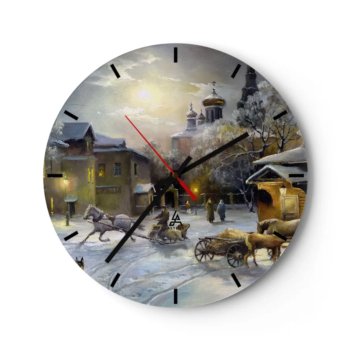 Orologio da parete - Orologio in Vetro - Paesaggio invernale con cavalli e una chiesa sullo sfondo - 30x30cm - La magia dell'inverno russo - Decorazione murale moderna per soggiorno, cucina e camera da letto ARTTOR