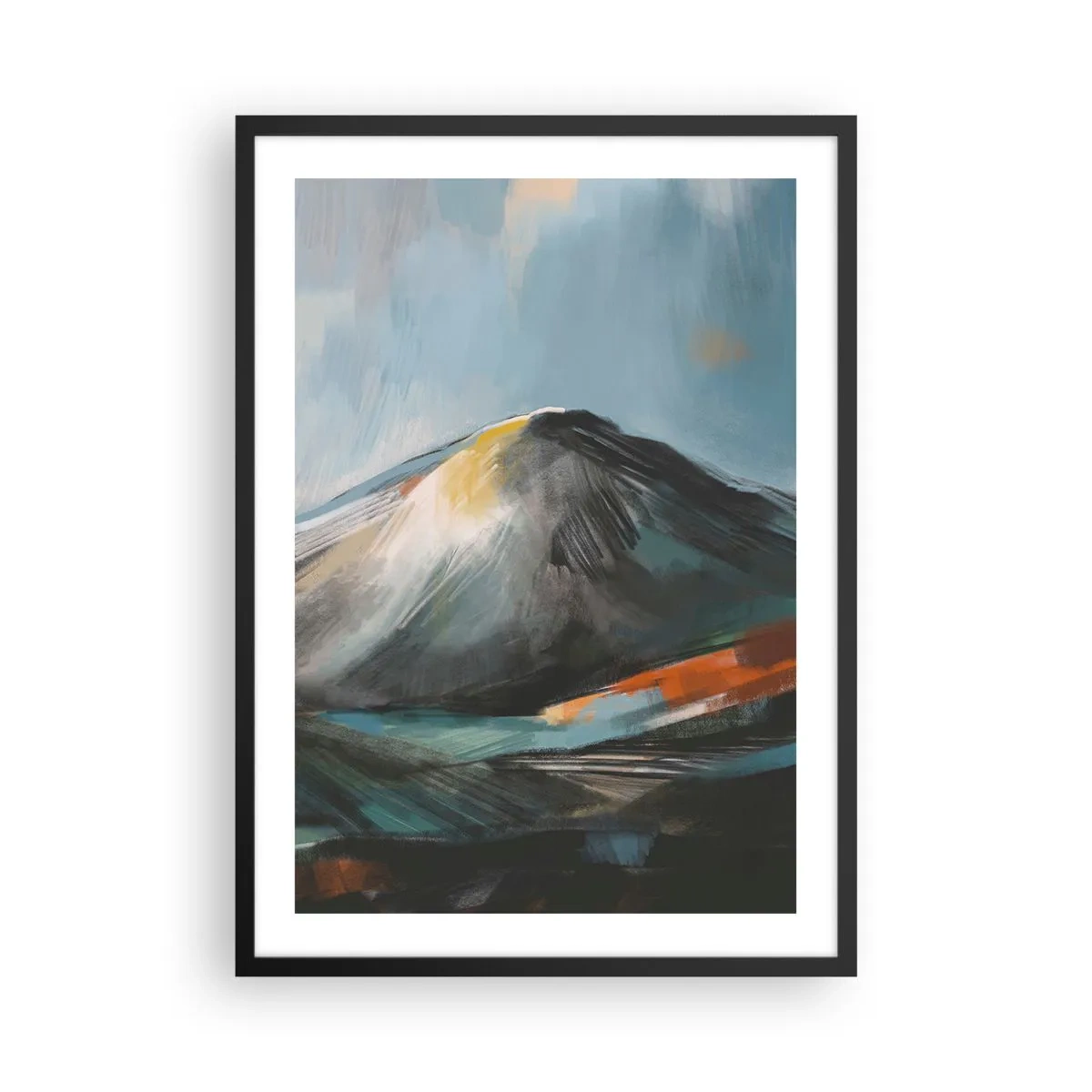 Poster in cornice nera - Paesaggio montano astratto nei toni del blu navy e dell'arancione - 50x70cm - Aspri e belli - Decorazione murale moderna per soggiorno e camera da letto ARTTOR