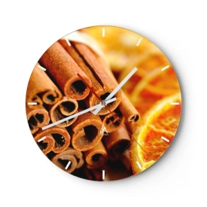 Orologio da parete - Orologio in Vetro - Bastoncini di cannella e arance secche in toni caldi - 30x30cm - Senti il loro profumo? - Decorazione murale moderna per soggiorno, cucina e camera da letto ARTTOR