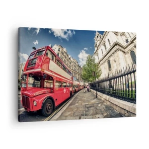 Quadro su tela - Stampe su Tela - Autobus rosso a due piani a Londra vicino alla strada e alla cattedrale - 70x50cm - Via di Londra in grigio e rosso - Decorazione murale moderna per soggiorno e camera da letto ARTTOR