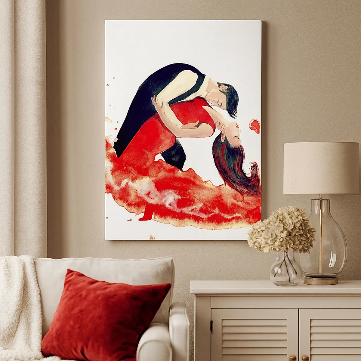 Quadro su tela - Stampe su Tela - Un dinamico dipinto ad acquerello raffigurante una coppia che balla nei toni del rosso. - 50x70cm - Tango: un'onda di passione - Decorazione murale moderna per soggiorno e camera da letto ARTTOR
