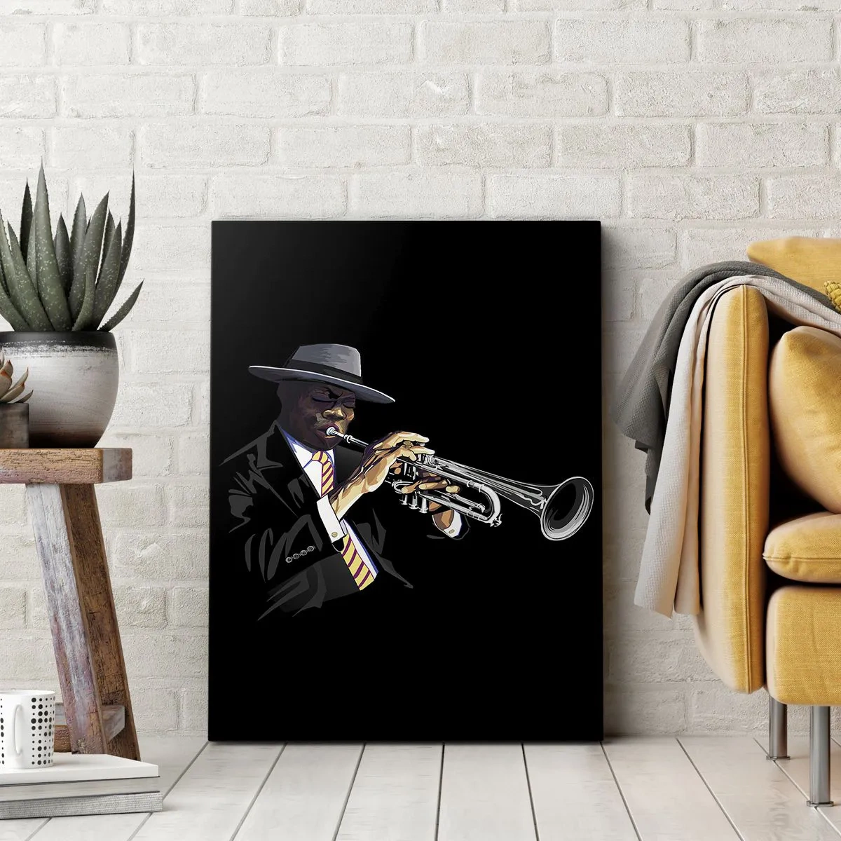 Quadro su tela - Stampe su Tela - Un musicista che suona la tromba su uno sfondo nero - 80x120cm - Il fascino della Old School - Decorazione murale moderna per soggiorno e camera da letto ARTTOR