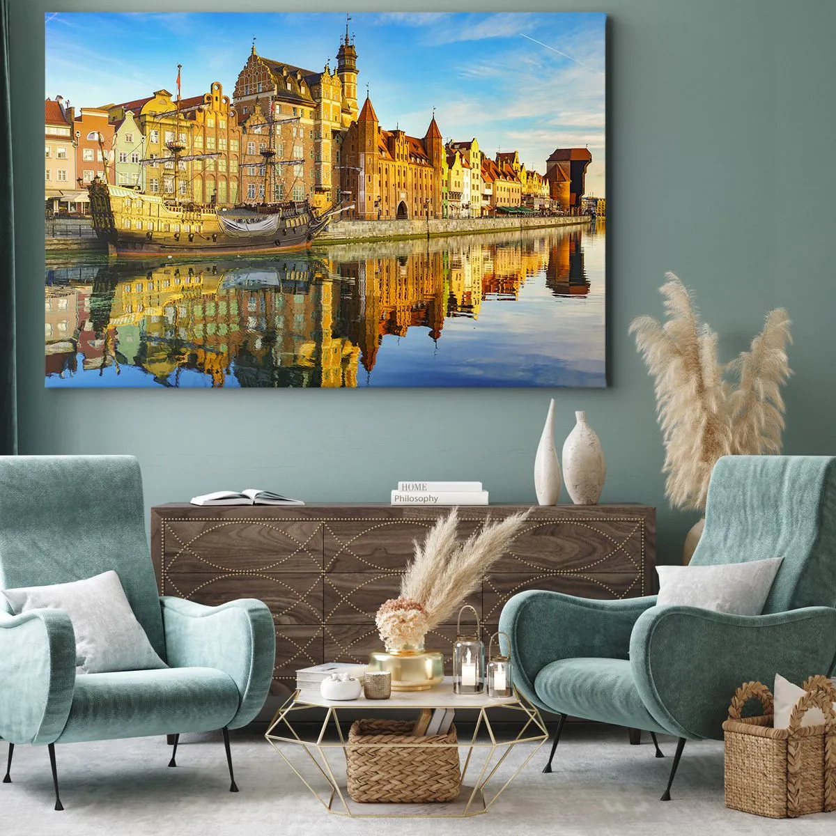 Quadro su tela - Stampe su Tela - Una vista pittoresca della città vecchia con una nave a vela e l'acqua - 120x80cm - Il riflesso del passato - Decorazione murale moderna per soggiorno e camera da letto ARTTOR