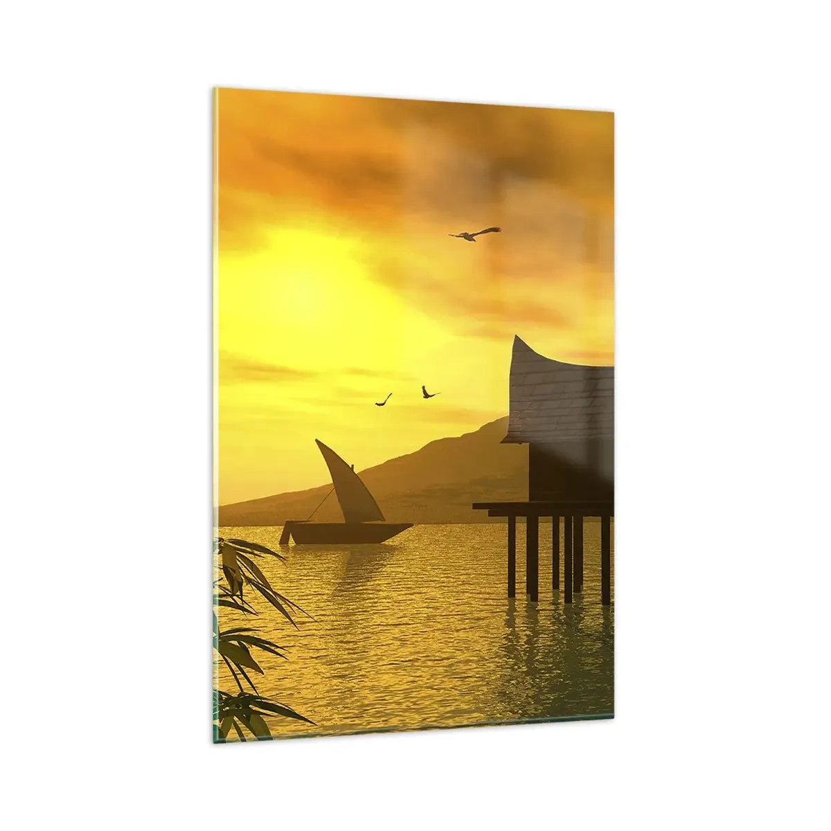 Quadro su vetro - Tramonto tropicale sull'acqua con casa in legno su palafitte. - 80x120cm - Calma desiderata - Decorazione murale moderna per soggiorno e camera da letto ARTTOR