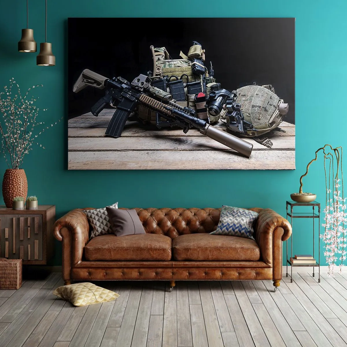 Quadro su tela - Stampe su Tela - Attrezzatura tattica con un fucile su un tavolo di legno - 120x80cm - Riposo! - Decorazione murale moderna per soggiorno e camera da letto ARTTOR