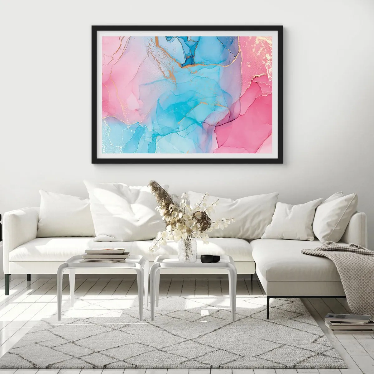 Poster in cornice nera - Motivi pastello astratti con accenti dorati - 70x50cm - Incontro e compenetrazione - Decorazione murale moderna per soggiorno e camera da letto ARTTOR