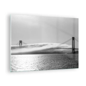 Quadro su vetro - Un ponte in bianco e nero con nebbia sull'acqua - 70x50cm - Navigare attraverso la Porta d'Oro - Decorazione murale moderna per soggiorno e camera da letto ARTTOR
