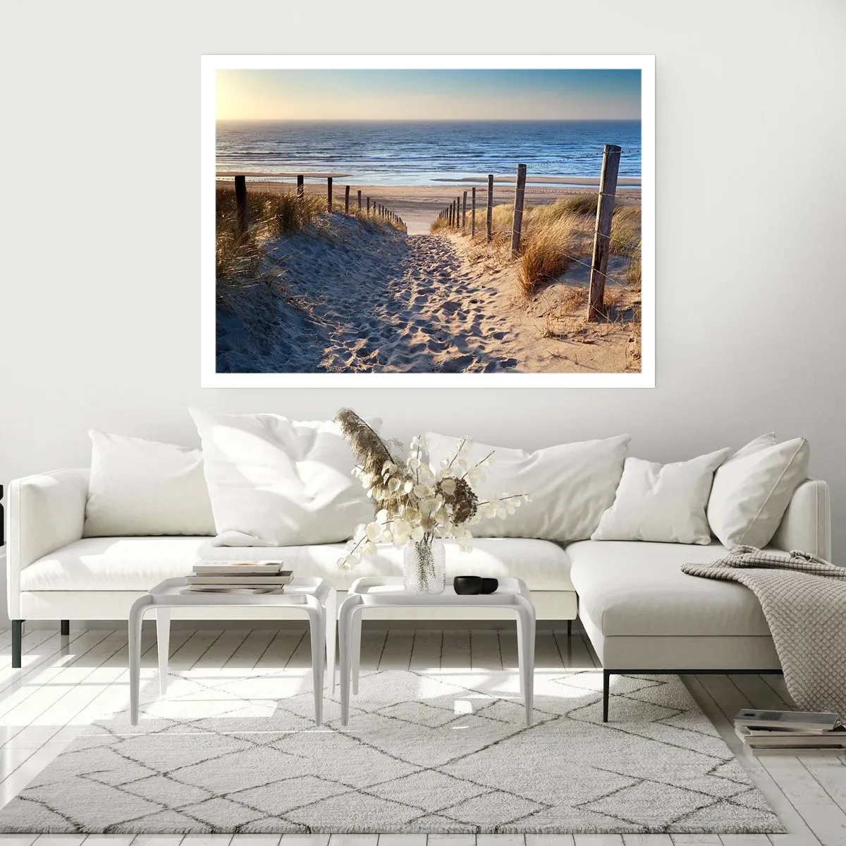 Poster - Sentiero tra le dune che conduce alla spiaggia - 100x70cm - Rumore del mare, uccelli che cantano, spiaggia selvatica tra i cespugli... - Decorazione murale moderna per soggiorno e camera da letto ARTTOR