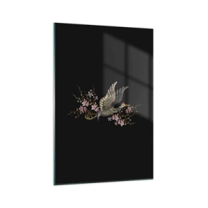 Quadro su vetro - Un uccello in volo con fiori su sfondo nero - 70x100cm - Uccello esotico ricamato - Decorazione murale moderna per soggiorno e camera da letto ARTTOR