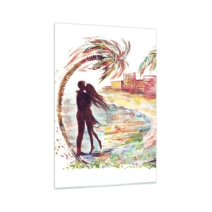Quadro su vetro - Scena romantica di coppia su una spiaggia con palme in acquerello - 70x100cm - Vacanze romantiche - Decorazione murale moderna per soggiorno e camera da letto ARTTOR