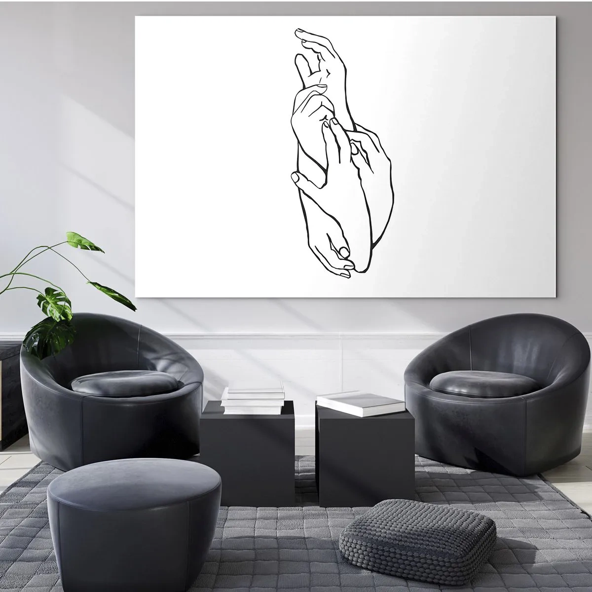 Quadro su vetro - Un sottile disegno lineare di mani giunte su uno sfondo bianco. - 70x50cm - Il tocco buono - Decorazione murale moderna per soggiorno e camera da letto ARTTOR