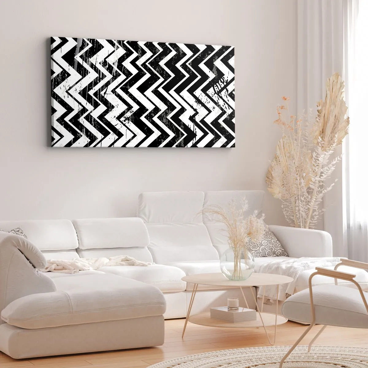 Quadro su tela - Stampe su Tela - Motivo a zigzag bianco e nero con abrasioni artistiche - 120x50cm - Zig-bianco, zag-nero - Decorazione murale moderna per soggiorno e camera da letto ARTTOR