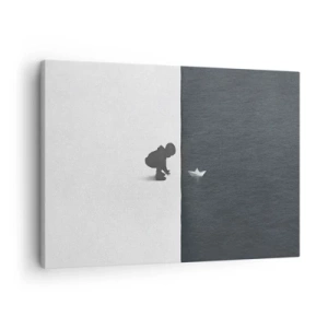 Quadro su tela - Stampe su Tela - La figura di un bambino con una barchetta di carta su uno sfondo di metà contrastanti - 70x50cm - La grande spedizione - Decorazione murale moderna per soggiorno e camera da letto ARTTOR