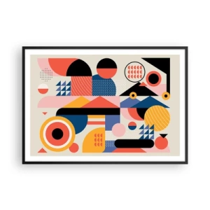 Poster in cornice nera - Forme geometriche colorate in stile retrò - 100x70cm - Composizione: divertiti - Decorazione murale moderna per soggiorno e camera da letto ARTTOR