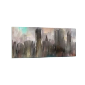 Quadro su vetro - Una visione artistica di un paesaggio urbano con grattacieli dai colori pastello. - 120x50cm - Composizione con acciaio, pietra e nebbia - Decorazione murale moderna per soggiorno e camera da letto ARTTOR