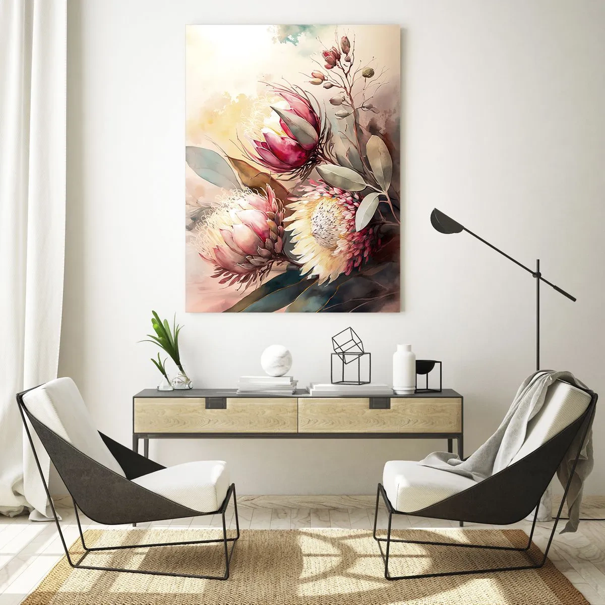 Quadro su vetro - Fiori di protea in delicate tonalità pastello - 70x100cm - Di profilo e di fronte - Decorazione murale moderna per soggiorno e camera da letto ARTTOR