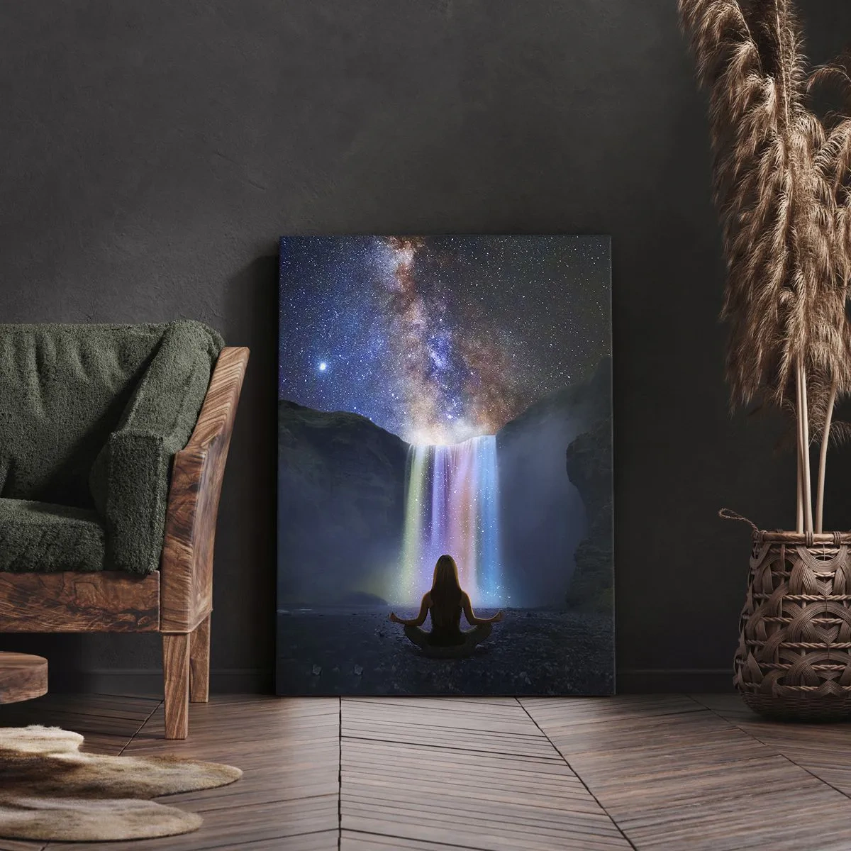 Quadro su tela - Stampe su Tela - Meditazione davanti a una cascata tra le stelle - 50x70cm - Armonia assoluta - Decorazione murale moderna per soggiorno e camera da letto ARTTOR