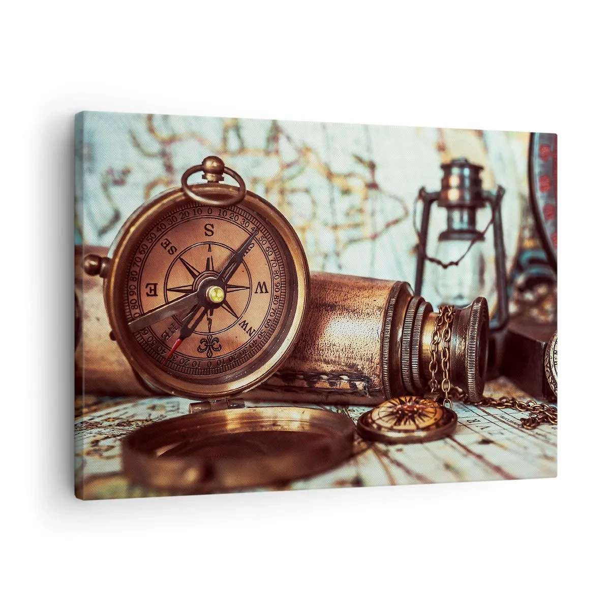 Quadro su tela - Stampe su Tela - Un set retrò con bussola, telescopio e mappa a tema viaggio - 70x50cm - Ti aspetta l'avventura dei pirati dei Caraibi - Decorazione murale moderna per soggiorno e camera da letto ARTTOR