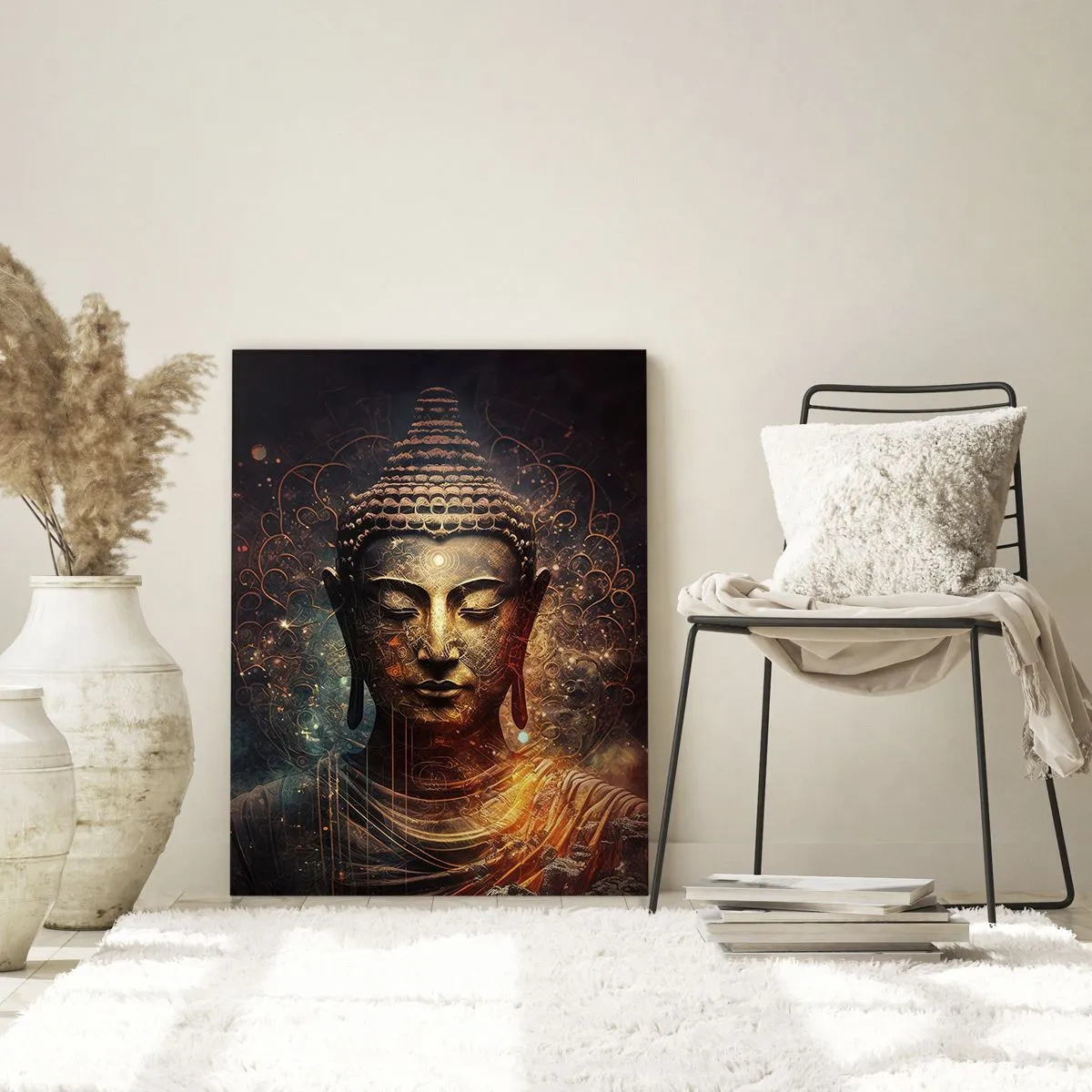 Quadro su vetro - Buddha dorato su sfondo scuro con ornamenti - 80x120cm - Equilibrio spirituale - Decorazione murale moderna per soggiorno e camera da letto ARTTOR