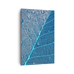 Quadro su tela - Stampe su Tela - Una foglia nei toni del blu con gocce d'acqua - 80x120cm - Vita nel blu - Decorazione murale moderna per soggiorno e camera da letto ARTTOR